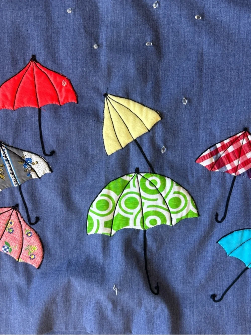 Blue Maxi Skirt with Colorful Umbrella Appliqués